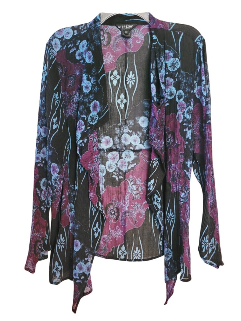 Citron Silk Floral Crinkle Textured Open Cardigan